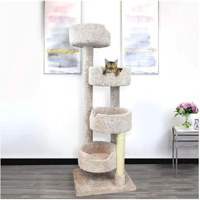 French Country Multiple Perch Cat Tree, Cat Tree with Scratch Post for All Cat Breeds, Indoor Cat Gym with Perches, Sturdy Wood Construction with Carpet Upholstery