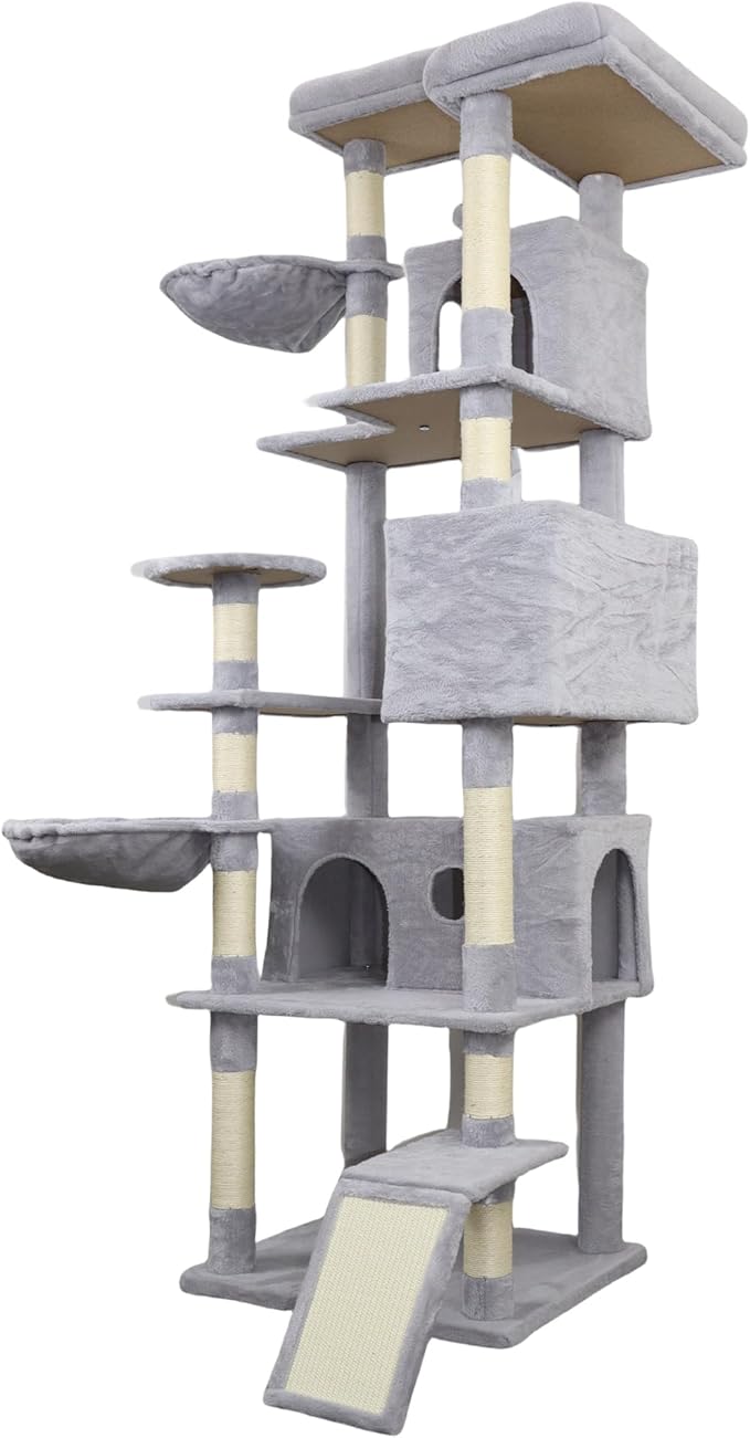 Light Gray 84in Heavy Duty Cat Tree, Cat Tree Tower for Indoor Cats Large Adult, Extra Cat Tower with 12 Sisal Scratching Post, Large Top Platform, Hammock, Cat Condo for Kittens