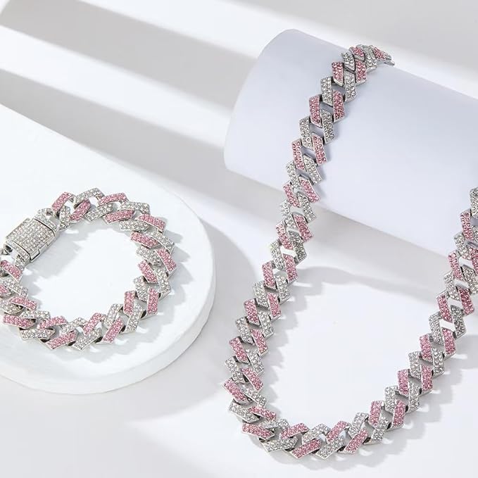Dog Chain Collars, Diamond Rhinestone Bling Glitter Metal Choke Cuban Link Dog Collar,Pet Jewelry for Puppy Small Medium Large Dogs Cats (Pink 12inch)