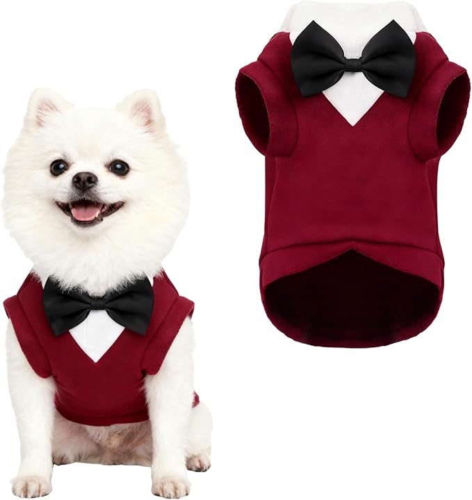 Dog Suit with Bow Tie Pet Tuxedo for Small Medium Dogs Cats Formal Clothes Puppy Outfits for Halloween Wedding Birthday (Red, Large)