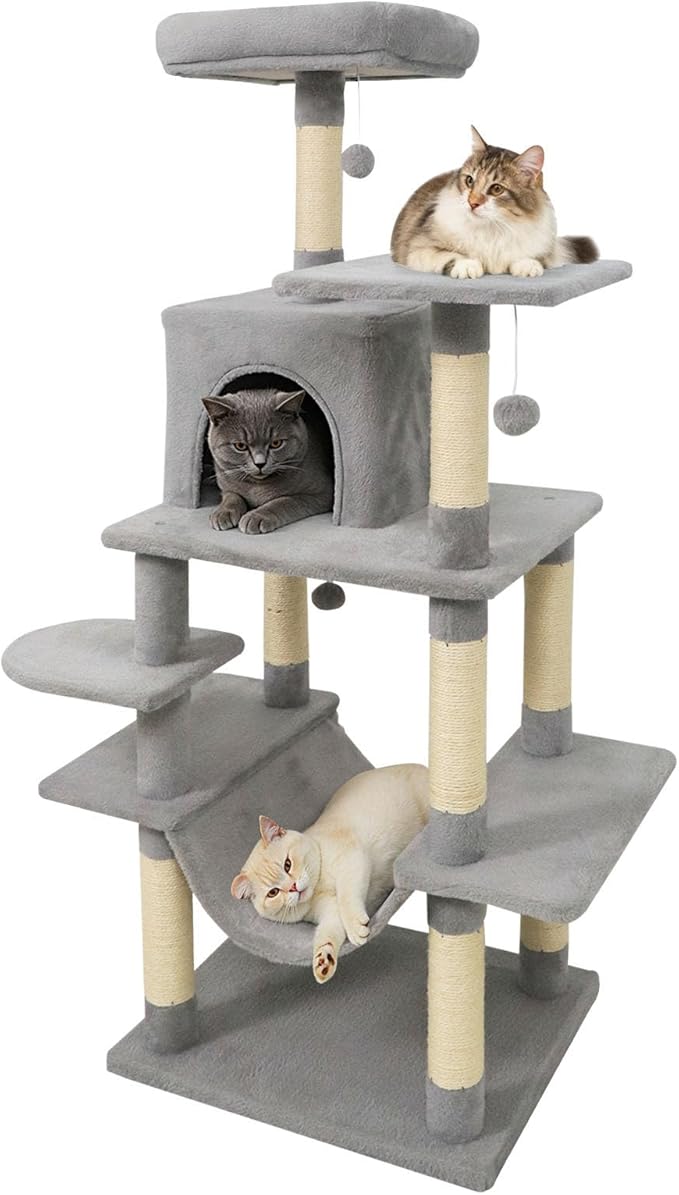 Tangkula 58 Inch Cat Tree Tower, Multi-Level Cat Tower with Sisal Scratching Posts, Padded Top Perch, Condo & Hammock, 3 Hanging Balls, Jumping Platforms for Indoor Cats (Light Gray)