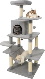 Tangkula 58 Inch Cat Tree Tower, Multi-Level Cat Tower with Sisal Scratching Posts, Padded Top Perch, Condo & Hammock, 3 Hanging Balls, Jumping Platforms for Indoor Cats (Light Gray)