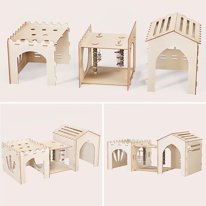 Woiworco Extra Large Rabbit Castle Hideout Bunny House for Easter Day with 3 Houses and Toys, Wooden Bunny Hideout Indoor Large Rabbit Hutch Play Houses and Hideouts Nut Castle Hamsters