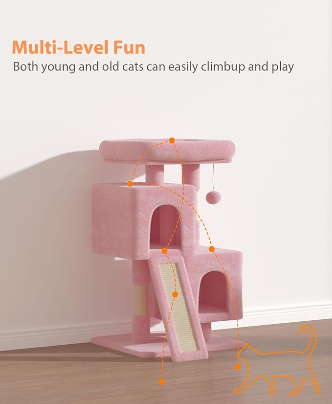 Cat Tree Tower for Indoor Cats Large Adult,Cute/Tall Modern Cat Tree for Big Cats 20 lbs,34''Plush Multi-Level Cat Condo with Scratching Posts,Dangling Ball (Soft Pink, 34 inch)