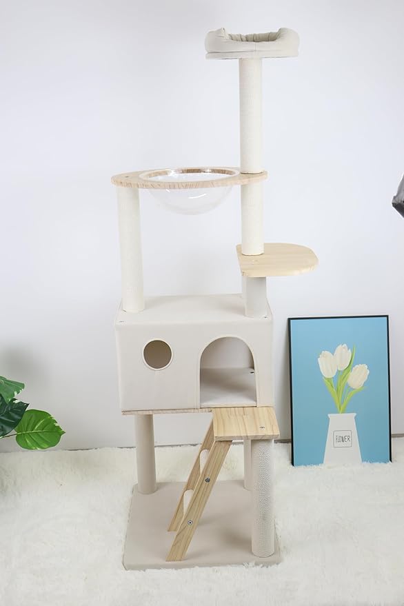 Premium Wood Cat Tree with Large Cat Condo Sisal Scratching Posts Wood Ladder and Clear Perch 165cm Height Sturdy Construction for Large Cats Simple Home Assembly
