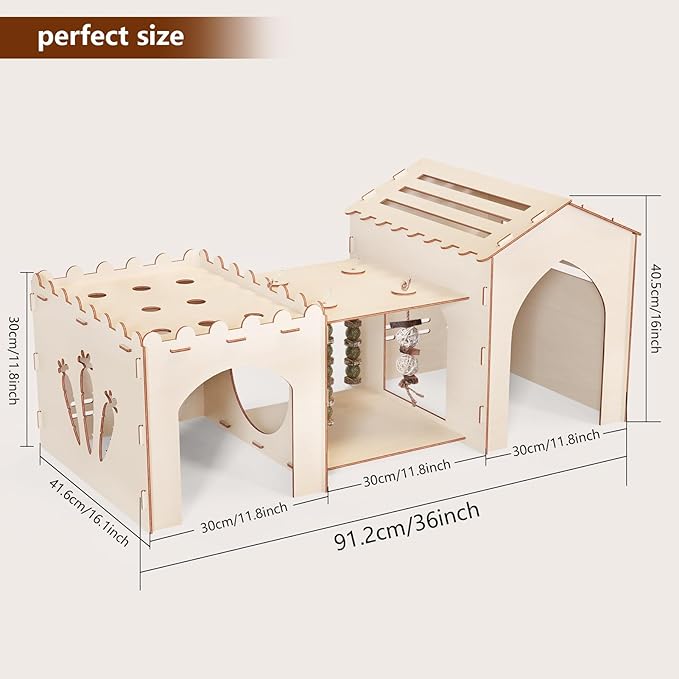 Woiworco Extra Large Rabbit Castle Hideout Bunny House for Easter Day with 3 Houses and Toys, Wooden Bunny Hideout Indoor Large Rabbit Hutch Play Houses and Hideouts Nut Castle Hamsters