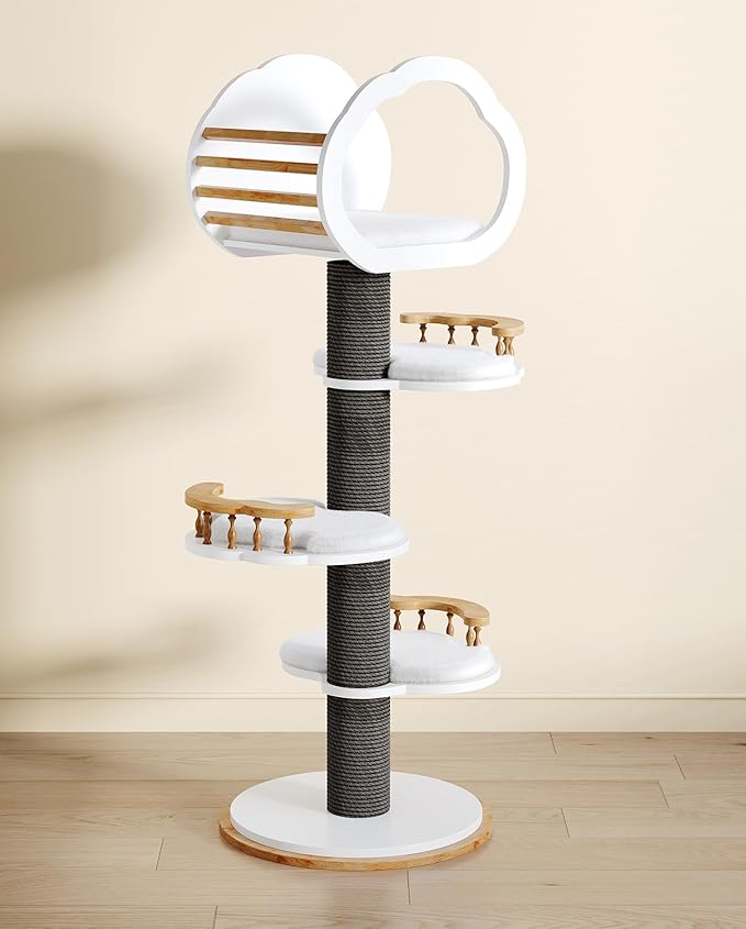 54" Tall Modern Cat Tree Tower Scratching Posts for Large Cats, Natural Solid Wooden Cat Condo Tower for Indoor Cats, Luxury Cat House Furniture with Big Bed (Black)