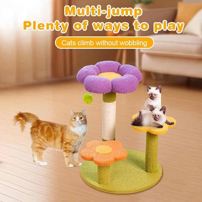 Flower Cat Tree Tower Cat Climbing Frame Sisal Wrapped Cute Cat Tree Multi-Function Small Cat Tower 3 Layer for Playtime and Relaxation