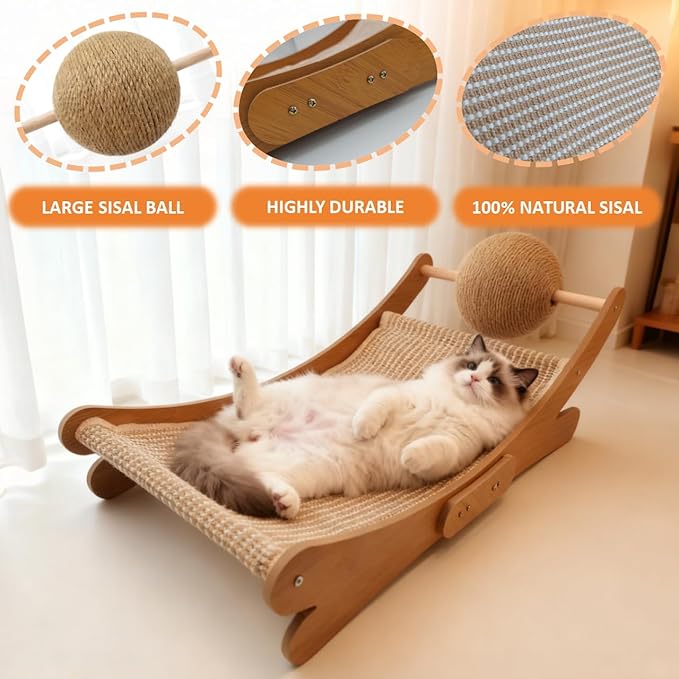Sisal Cat Scratcher Bed for Cat Scratching Chair Hammock, Large Scratch Post Lounger Pad with Toy Ball for Indoor Cats
