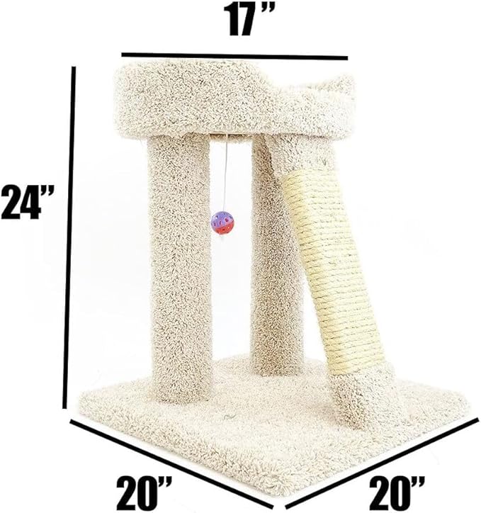 Maykoosh French Flair Elevated Cat Scratch Post with Cat Bed, Compact and Stylish Elevated Cat Bed with Plush Carpet and Sisal Scratching Post, Perfect for Sleep and Play Beige