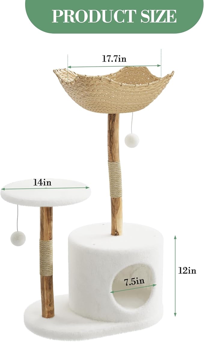 Modern Natural Wood Cat Tree, Stylish Solid Wooden Climbing Tower with Large Rattan Basket, Scratching Posts, Real Branch Design, White Luxury Perch for Rest and Play