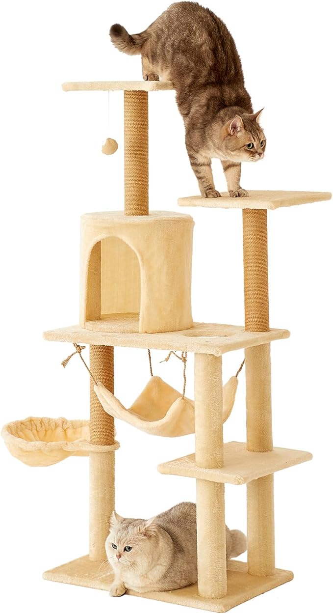 Deluxe Cat Tree Tower, 132cm Multi-Level Climbing Structure with Condo, Hammocks, Platforms, Beige Plush, Indoor Activity Center