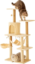 Deluxe Cat Tree Tower, 132cm Multi-Level Climbing Structure with Condo, Hammocks, Platforms, Beige Plush, Indoor Activity Center