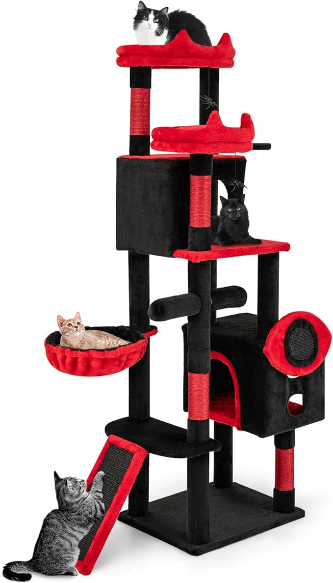 PETSITE 62-inch Gothic Cat Tree, Multi-Level Goth Coffin Cat Tree Tower with Sisal Scratching Posts, Board and Ladder, Basket, Condos, and Hanging Spider Toys, Ideal for Indoor Cats, Black & Red