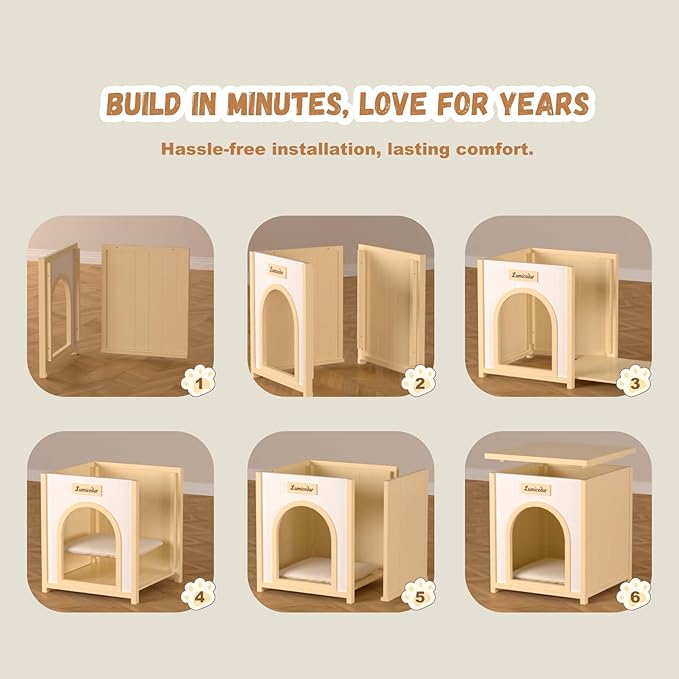 Wooden Dog Crate Furniture, Side Table Dog House for Indoor Small Dogs, Modern End Table with Cushion