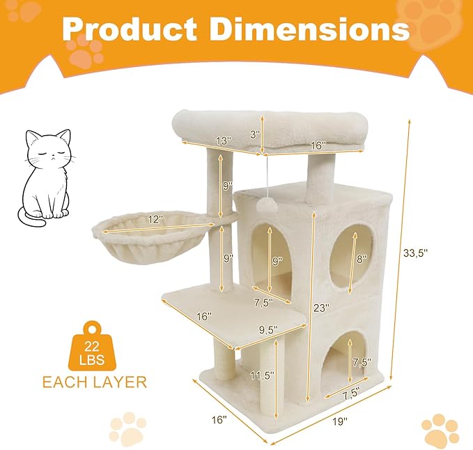 Tangkula Cat Tree Tower, 33.5 Inch Cute Cat Tower with 2-Tier Large Condo, Sisal Scratching Posts, Padded Top Perch, Dangling Toy, Rotatable Cozy Basket, Cat Climbing Furniture (Beige)