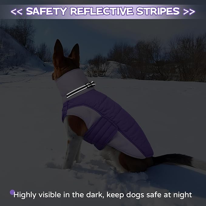 BRKURLEG Dog Coat, Turtleneck Winter Jacket with Harness for Small Medium and Large Dogs, Windproof Reflective Warm Fleece Dogs Snowsuit with Hook & Loop, Dog Coats for Cold Weather, Purple L