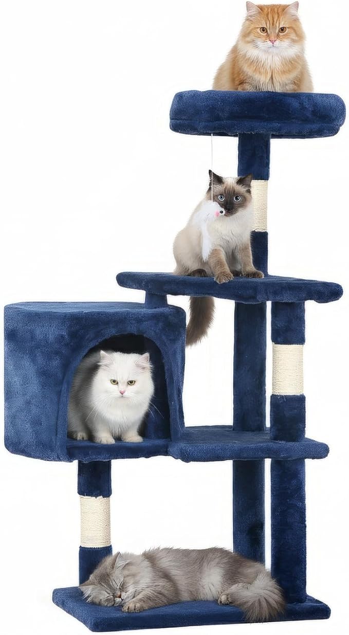 ‌Dopinmin 36" Winter Cat Tree - Plush Multi-Level Indoor Cat Tower with Sisal Scratching Posts & Ramp Plush Condo for Kittens,Navy Blue