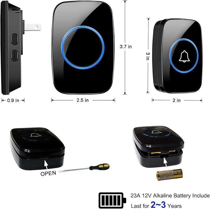 Wireless Doorbell, Waterproof Door Bell Kit, Distinguish front and rear doors, Over 1000 feet Range and 60 Chime, 5 Levels Volume and LED Flash, for Home Office Classroom