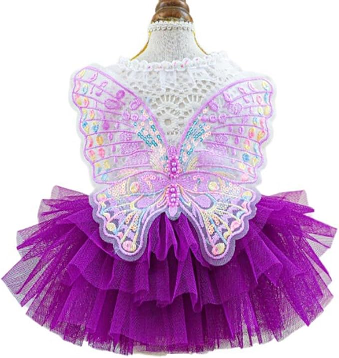 ANIAC Butterfly Dog Dress with Purple Tutu Funny Dog Clothes with Wing Girl Puppy Dress for Small Dogs Pet Butterfly Costume Holiday Cat Outfit for Halloween Birthday Wedding (Purple, Large)