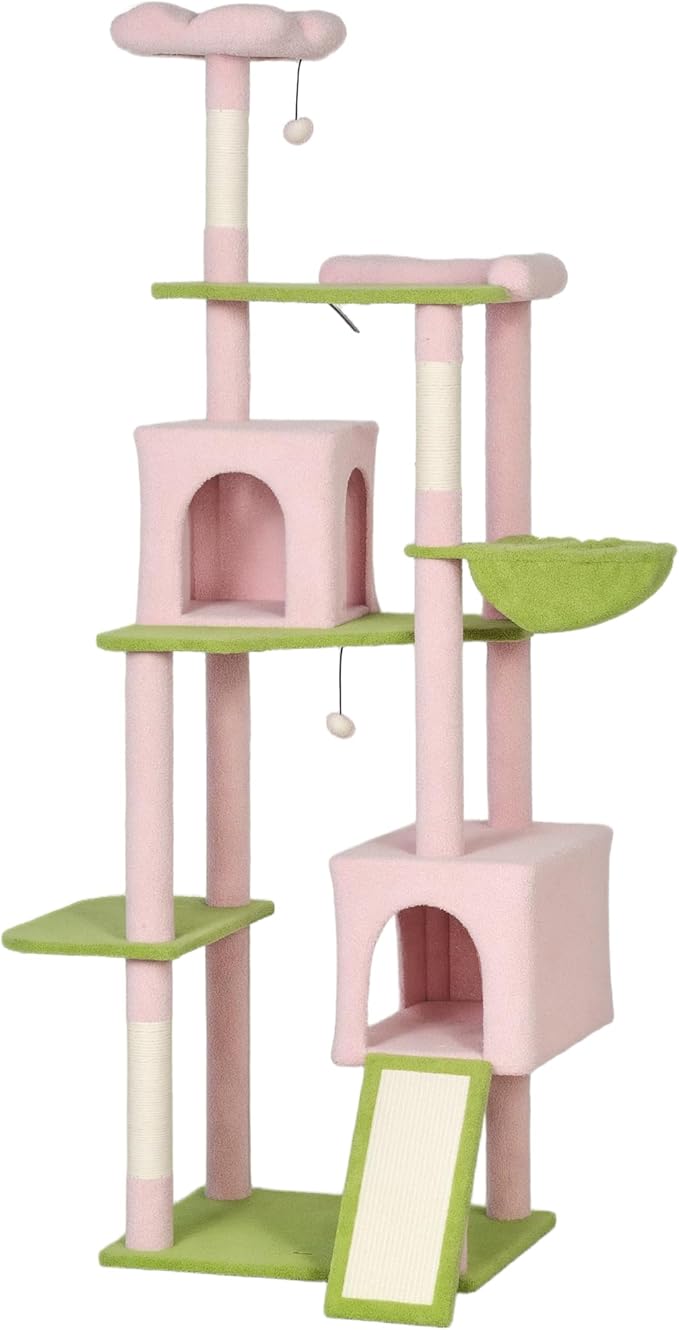 74" Tall Cat Tree Multi-Level Cat Tower for Indoor Cats with Cat Condo, Hanging Basket, Sisal Scratching Posts, Plush Balls and Hammock for Small Large Cats (Pink)