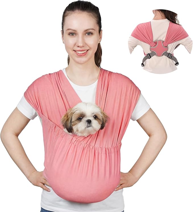 Supet Dog Sling Carrier for Small Pets, Hands Free Cat Sling, Reducing Back Neck Pain Anti-Anxiety Puppy Front, Adjustable Soft Dog Carrying (Pink, Regular 0-9 Lbs)