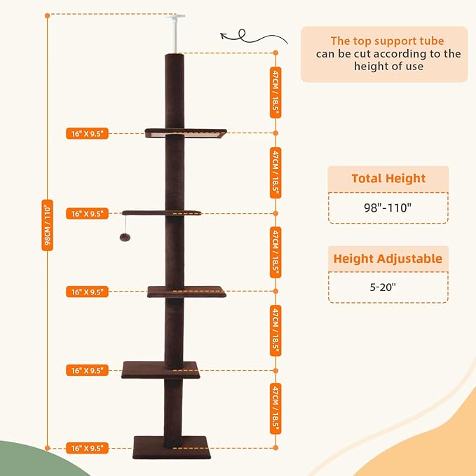 Cat Craft Cat Tree Floor to Ceiling 95-108" Tall Cat Tree Carpet Cat Tower Kitten Tree Sisal Scratching Post and Mat Cat Pole for Indoor Cats, Brown