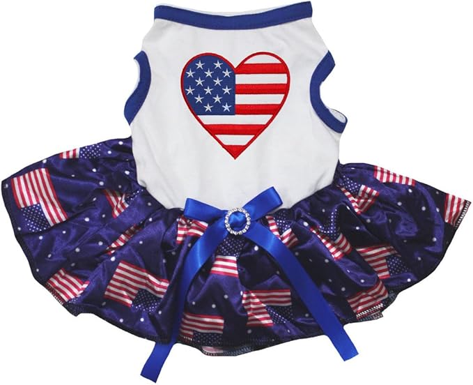 Petitebella USA Heart Puppy Dog Dress (White/US Flags, X-Large)