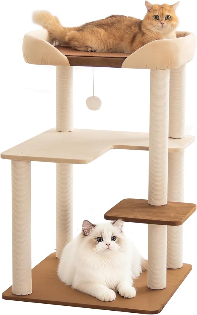 Modern Cat Tree for Large Cats, 37.5-Inch Tall Cat Tree Tower with Wide Shelves Low Step Cotton Scratching Posts, Super Sturdy Base, Cozy Perches, and Interactive Toys for Indoor (95cm White)
