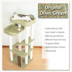 Mordern Cat Tree Tower, Freestanding, Cushioned Bed, Large Base, for Multiple Cats, Compact,Winter and Summer Use, Summer Mat Included, for Large Cats (Olive Green, Height 135cm)