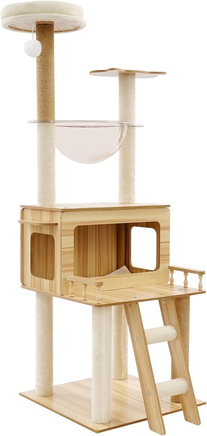57.9in Wood Cat Tree Tower for Indoor Cat, Modern Minimalist Cat Furniture with Cat Scratching Post & Observation Deck, Suitable for Summer and Winter