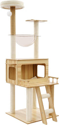 57.9in Wood Cat Tree Tower for Indoor Cat, Modern Minimalist Cat Furniture with Cat Scratching Post & Observation Deck, Suitable for Summer and Winter
