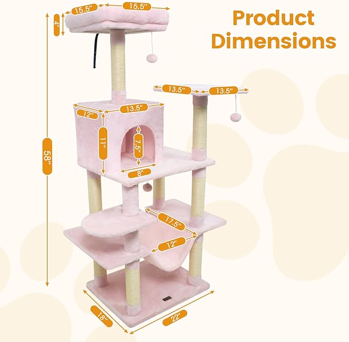 PETSITE Multi-Level Cat Tree, 58 Inches Tall with Sisal Scratching Posts, Condo, Hammock, Dangling Balls, Jumping Platforms, and Cozy Top Perch, Ideal for Indoor Cats to Play and Rest (Pink)