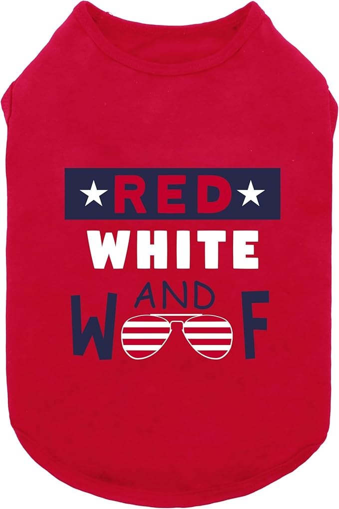 Fitwarm Patriotic Red White and Woof Dog Shirt, 4th of July Dog Clothes for Small Dogs Boy Girl, Funny Doggy Summer Clothes, Pet Outfit, Red, Blue, White, XS