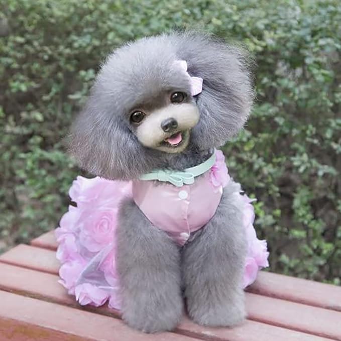 Dog Dress Luxury Puppy Skirt Clothes Princess Dresses Wedding Evening Tutu Skirt Rose Flower Bowknot Dresses for Small Dog Girl S Pink
