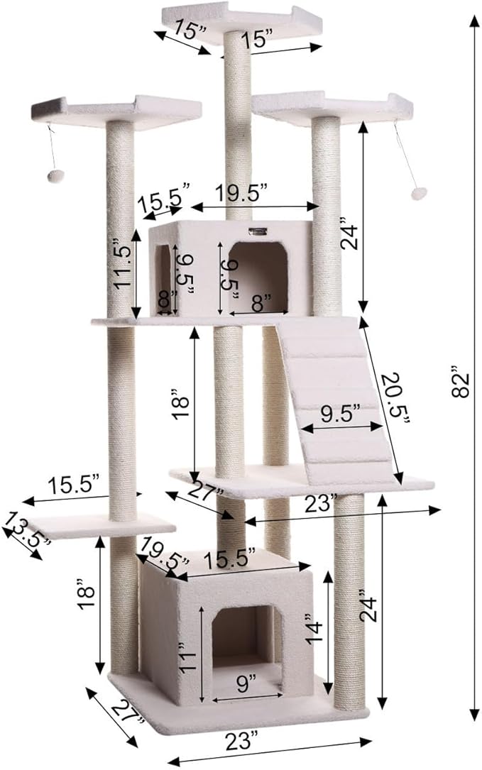 Asian Allure Classic Cat Tree in Ivory, Galaxy Approved, Multi Levels with Ramp, Three Perches, Rope Swing, Two Condos