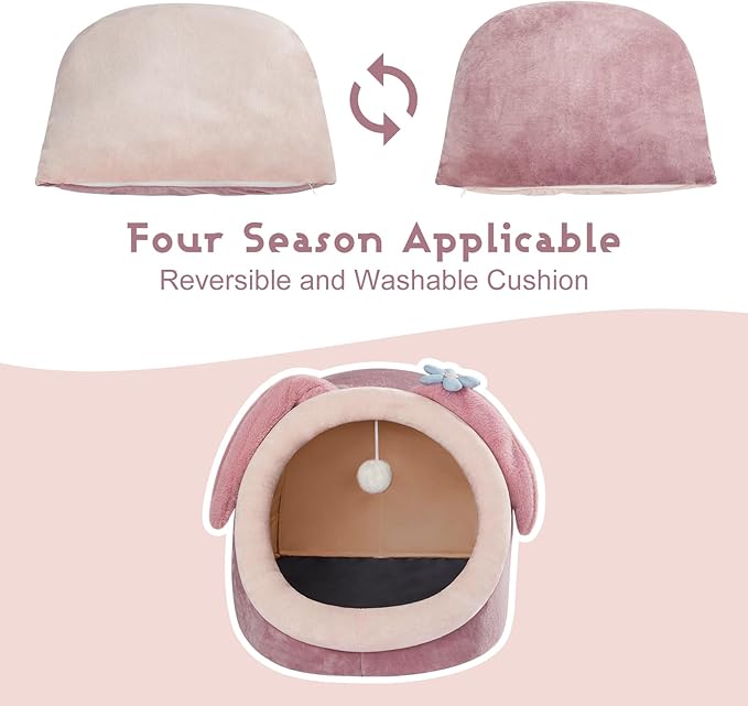 Jiupety Cute Cat Bed for Indoor Cats, Warm Soft Cave Fit for 11-17 lb Cats and 0-8 lb Dogs, Pink Rabbit, L