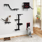 5 Pcs Wall-Mounted Climber Set, Wood Indoor with Shelves and Perches, Ladder, Condo House, Scratching Board and Tree, Wall Shelves Furniture for Cats (Black&Red)