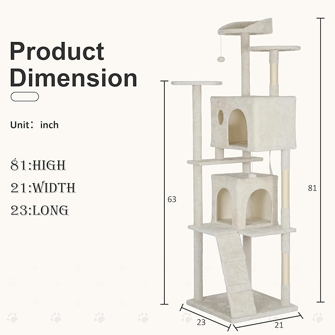 81" Multi-Level Cat Tree Tower with Scratching Posts - Space-Saving Design for Indoor Kittens Toys & Condo, Compact Floor Footprint & Vertical Space for Multi-Cat Homes-Beige