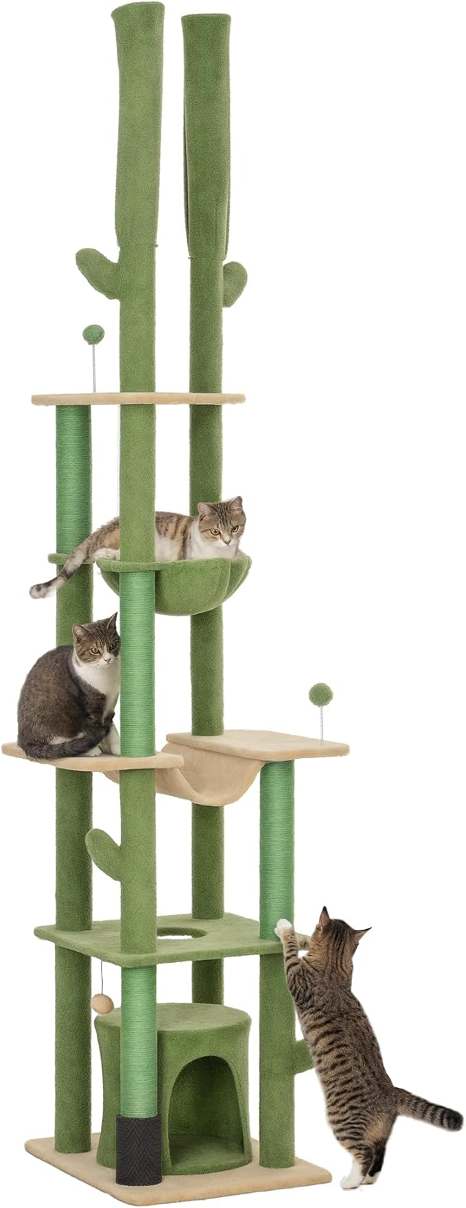 PawHut Floor to Ceiling Cat Tree, 89"-100" Adjustable Height Cactus Cat Climbing Tower for Indoor Cats with Grooming Brush Post, Cat Condo, Hammock, Sisal Scratching Posts, Green
