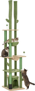 PawHut Floor to Ceiling Cat Tree, 89"-100" Adjustable Height Cactus Cat Climbing Tower for Indoor Cats with Grooming Brush Post, Cat Condo, Hammock, Sisal Scratching Posts, Green