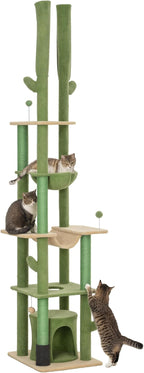 PawHut Floor to Ceiling Cat Tree, 89"-100" Adjustable Height Cactus Cat Climbing Tower for Indoor Cats with Grooming Brush Post, Cat Condo, Hammock, Sisal Scratching Posts, Green