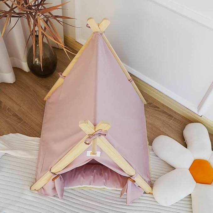 Solid Wood Cat & Dog Indoor Tent with Thick Mat, Teepee Tent & Cave Bed (Pink)
