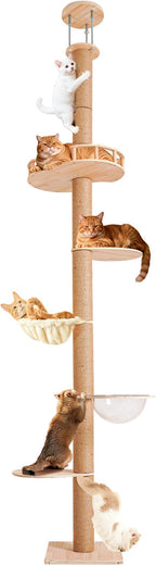 Floor-to-Ceiling Cat Tree Height Adjustable (50-120in) | 5-Level Heavy Duty Cat Activity Center with Scratching Posts, Jump Platforms, Hammock | Space-Saving Tall Cat Tower for Indoor Cats