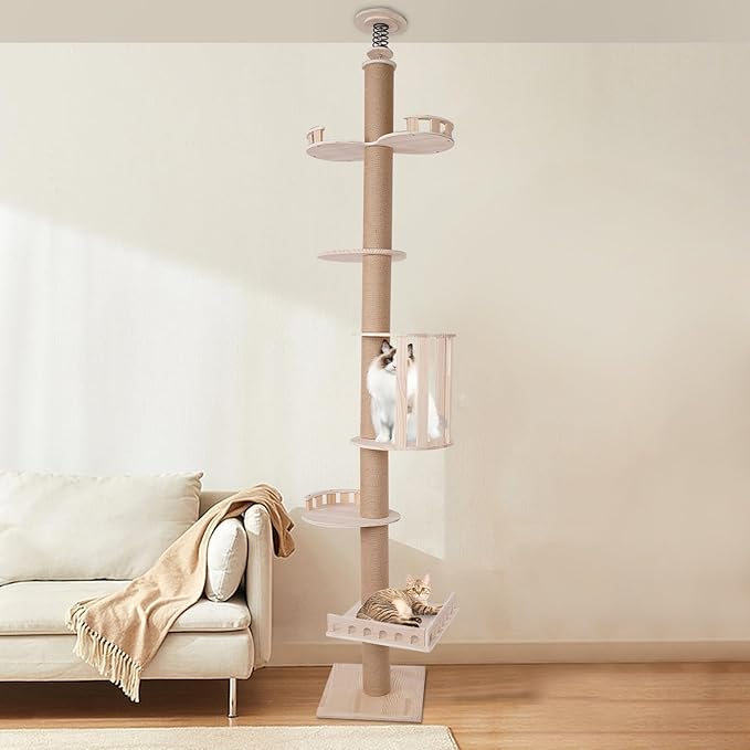 100.4-104.3 Inches Cat Tree Floor to Ceiling, Adjustable Cat Climbing Tower with Springboard Large Fence House Square Fence, Multi-Level Furniture for Indoor Cats