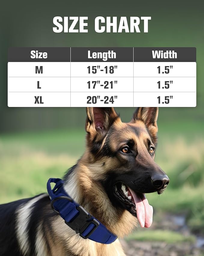 Joytale Tactical Dog Collar with Handle and Metal Buckle, Heavy Duty Padded Military Collar with 2 Patches for Training, Adjustable for XLarge Dogs, Navyblue, XL