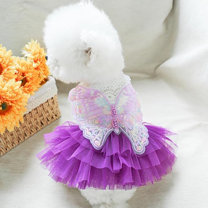 ANIAC Butterfly Dog Dress with Purple Tutu Funny Pet Clothes with Wing Girl Puppy Dress for Small Dogs Pet Butterfly Costume Holiday Cat Outfit for Halloween Birthday Wedding (Purple, Medium)