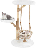 Tangkula Solid Wood Cat Tree, 48.5” Natural Branch Modern Cat Tower with Luxury Hanging Cradle, Jute Scratching Post, Top Perch, Padded Platform, Soft Long Plush, Boho Cat Tree for Indoor Kittens