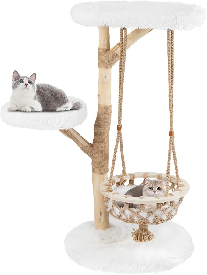 Tangkula Solid Wood Cat Tree, 48.5” Natural Branch Modern Cat Tower with Luxury Hanging Cradle, Jute Scratching Post, Top Perch, Padded Platform, Soft Long Plush, Boho Cat Tree for Indoor Kittens