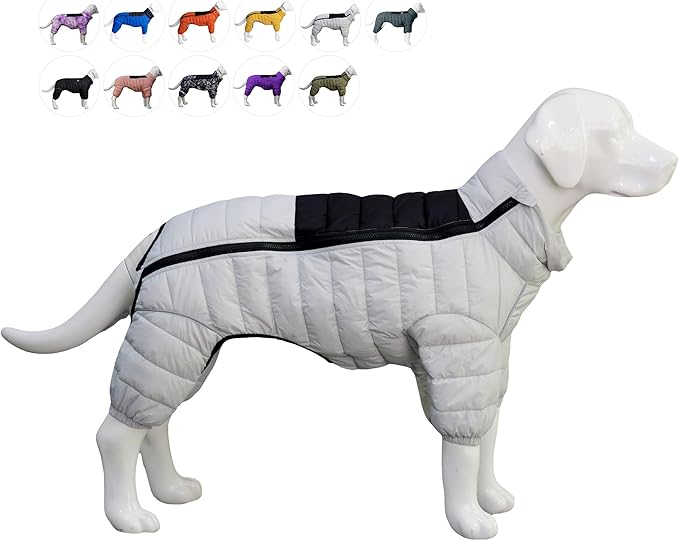 Warm Dog Jacket, 4-Legs Covered Waterproof Windproof Reflective Vest, Zippered Adjustable Outdoor Snow Jacket for Small to XXXL Dogs, Off White